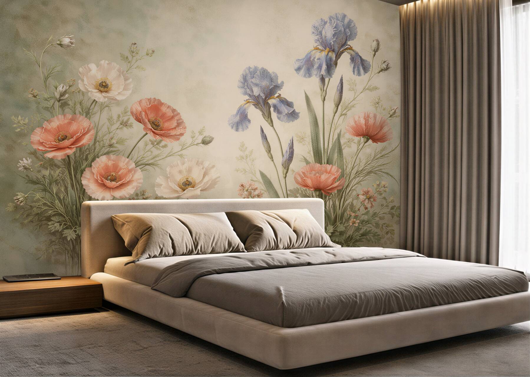 Fototapeten Pastellmohn und Schwertlilien