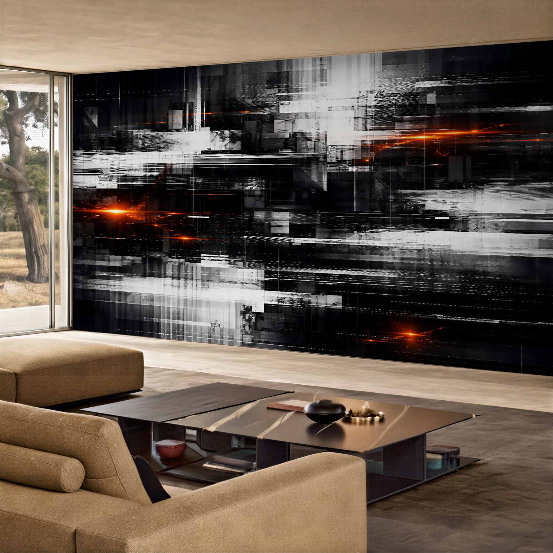 Fototapeten Futuristische Abstraktion mit orangem Licht
