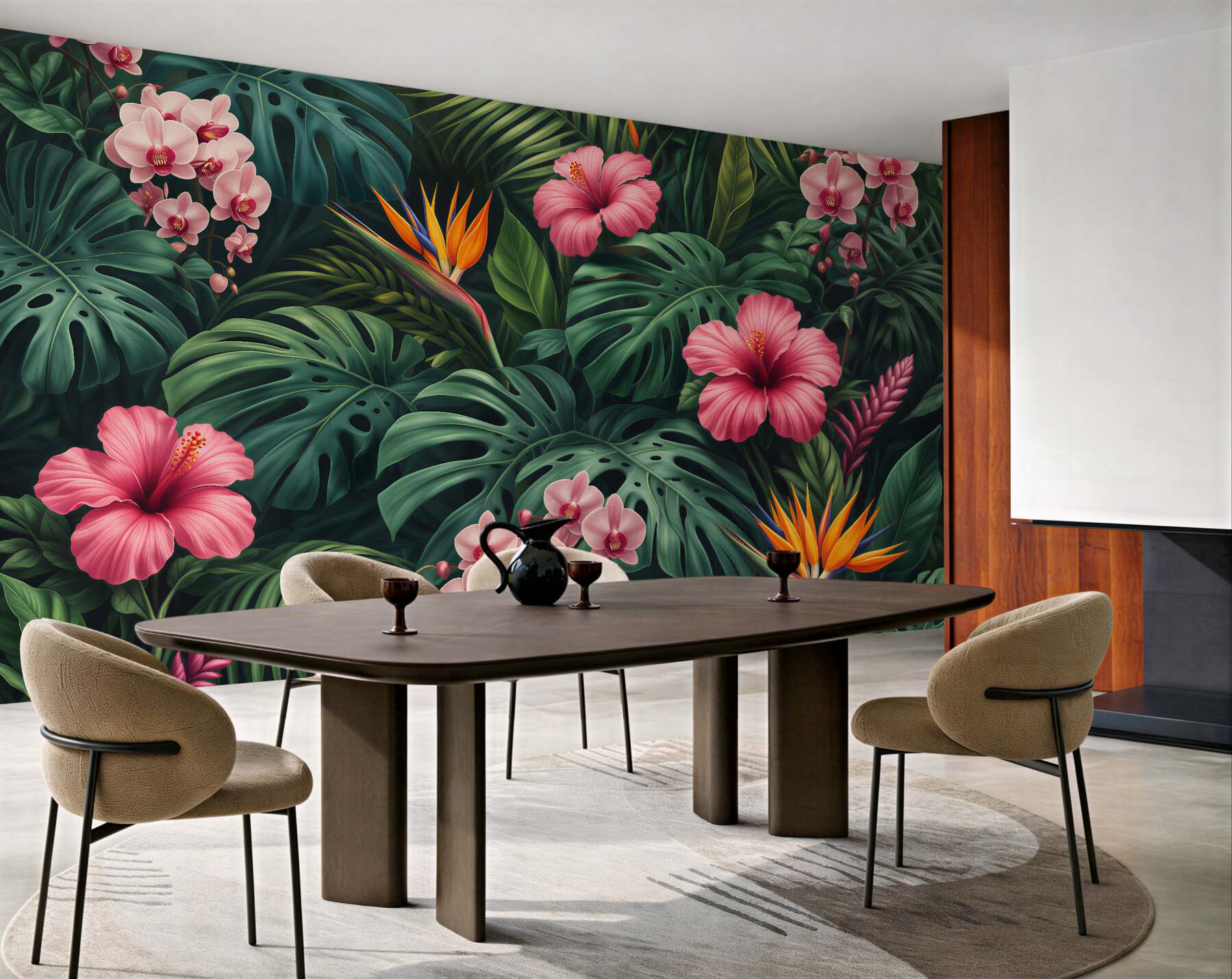 Fototapeten Tropischer Dschungel mit rosa Blumen