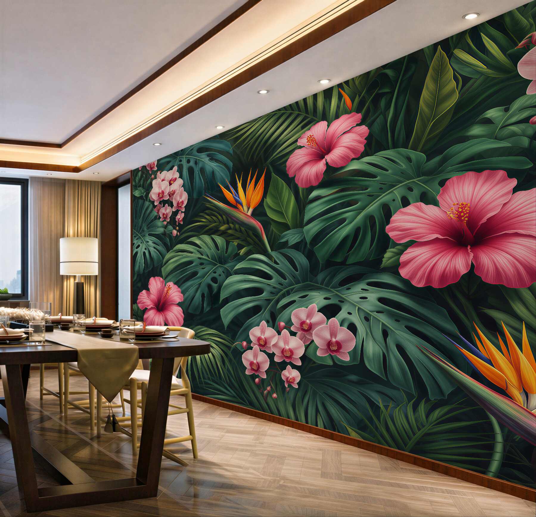 Fototapeten Tropischer Dschungel mit rosa Blumen