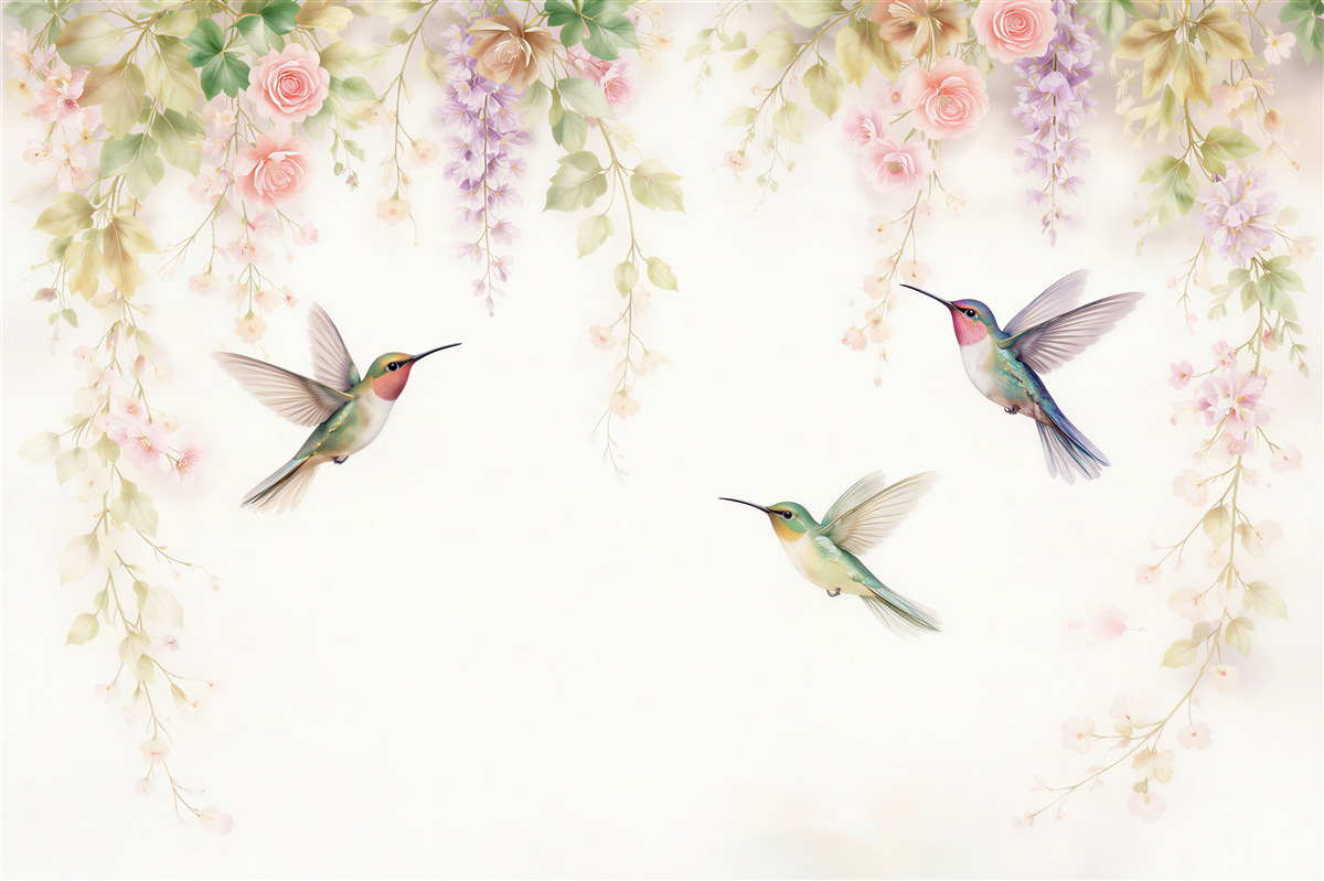 Fototapeten Kolibris in pastelligen Blüten