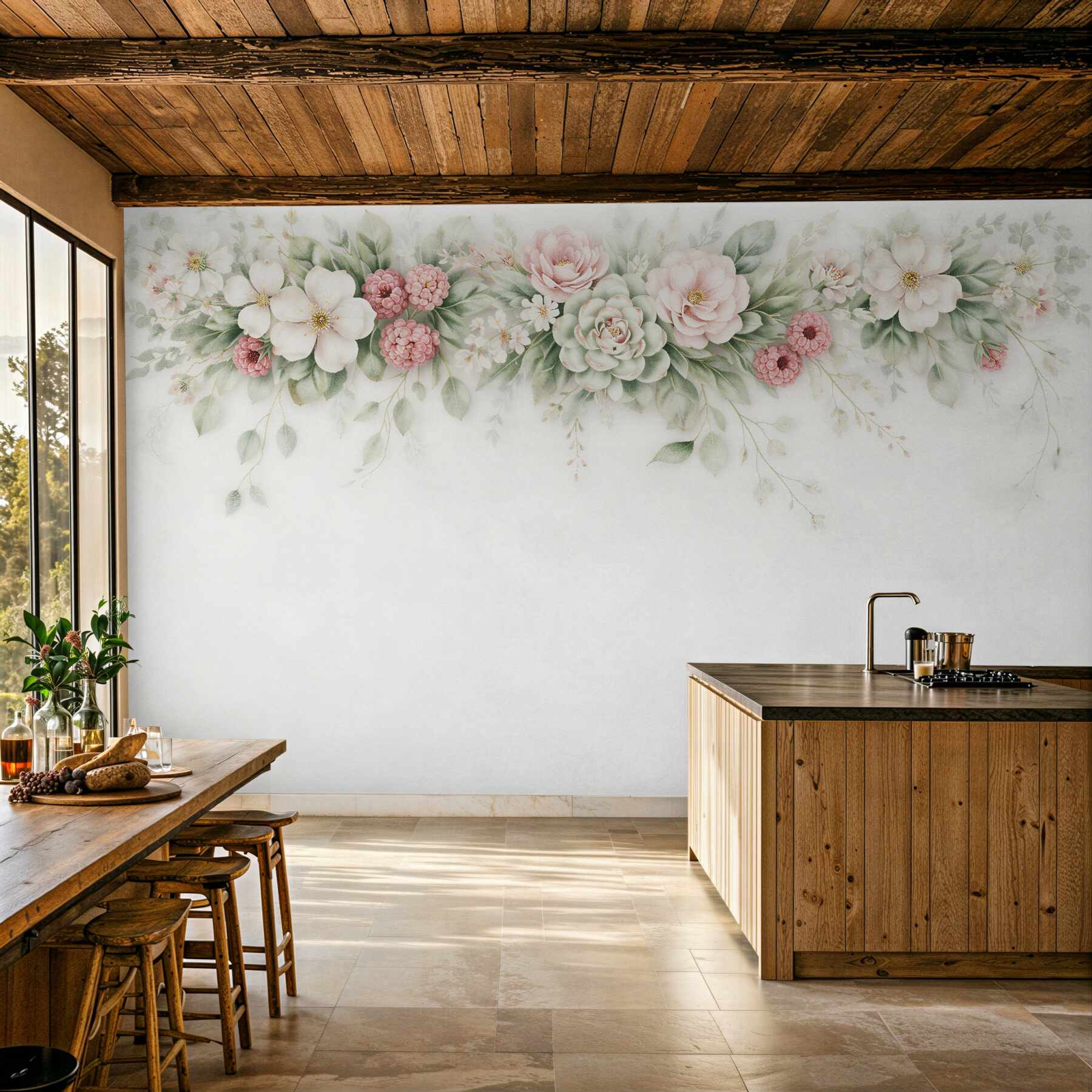 Fototapeten Zarte Girlande aus pastellfarbenen Blumen