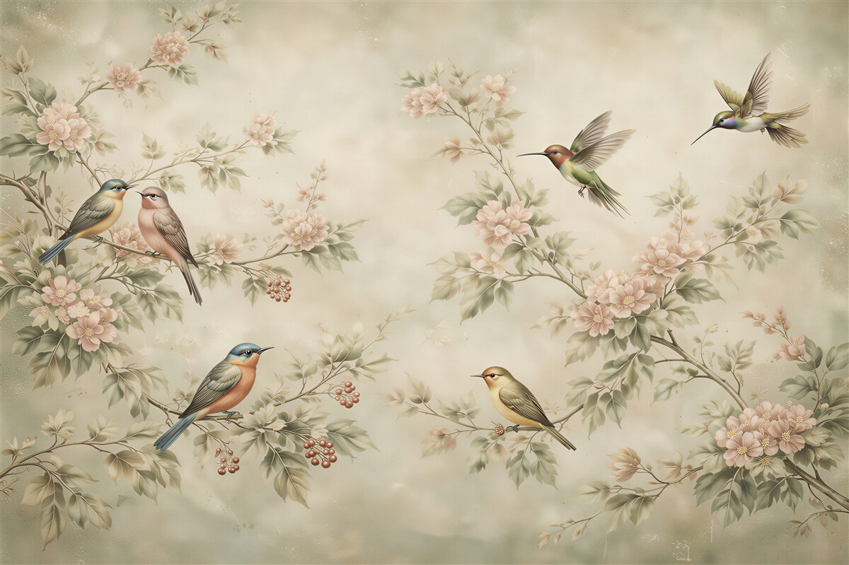 Fototapeten Romantische Vögel in Blumen
