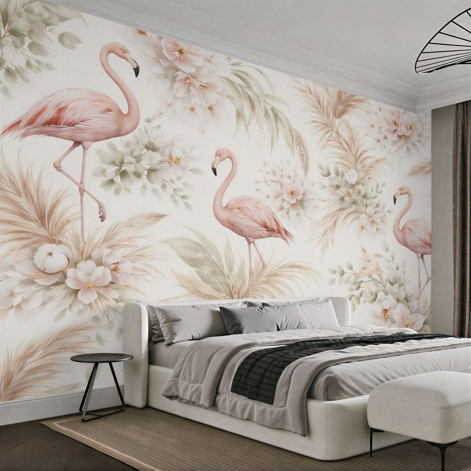 Fototapeten Pastellfarbene Flamingos in Blumen