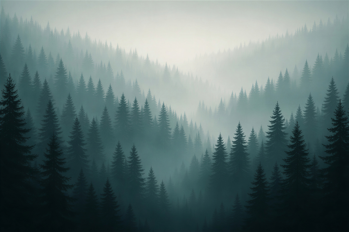 Fototapeten nebliger Wald im Morgengrauen