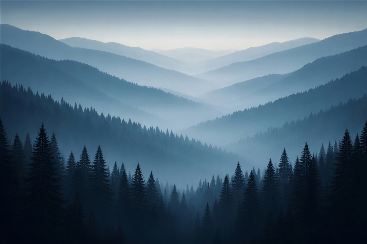 Fototapeten blaue Bergketten im Nebel