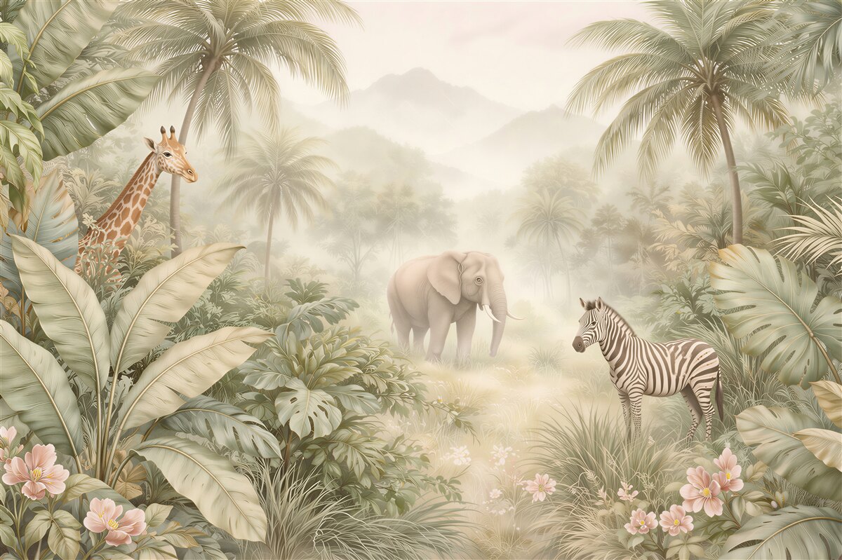 Fototapeten Pastell-Safari im nebligen Dschungel