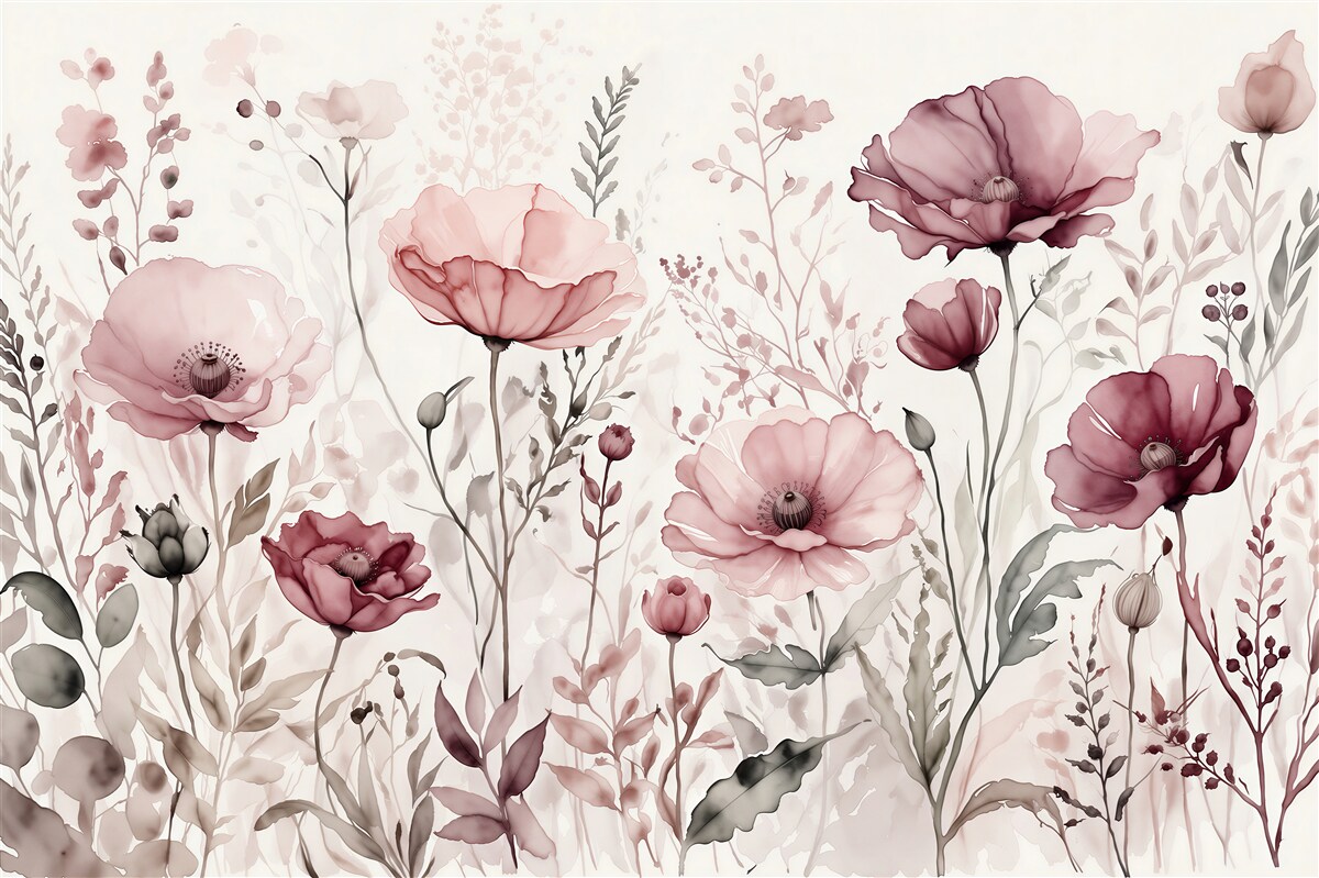 Fototapeten puderfarbene Mohnblumen in Aquarell