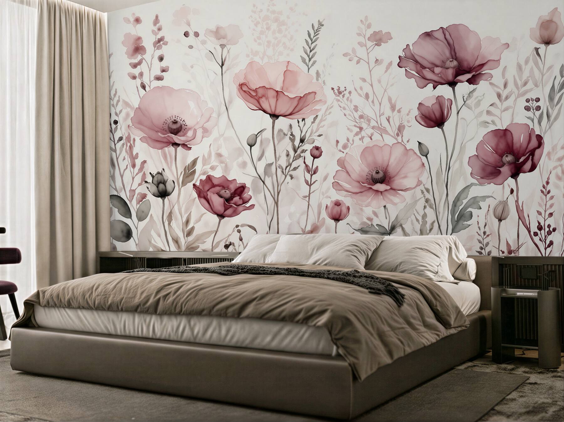 Fototapeten puderfarbene Mohnblumen in Aquarell