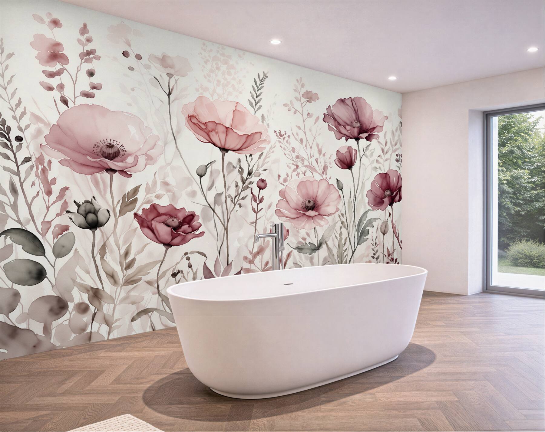 Fototapeten puderfarbene Mohnblumen in Aquarell