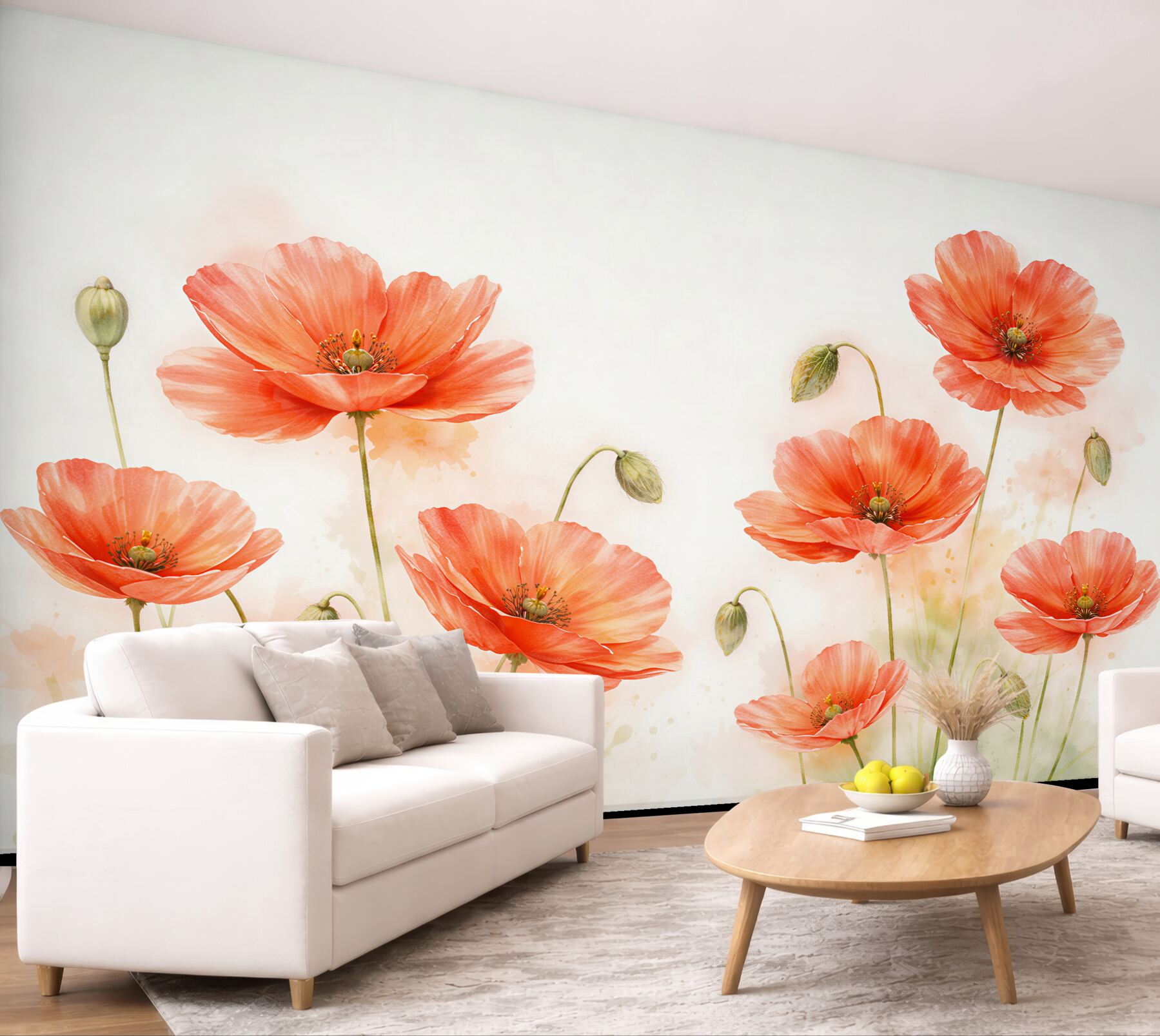Fototapeten korallenfarbene Mohnblumen auf hellem Hintergrund