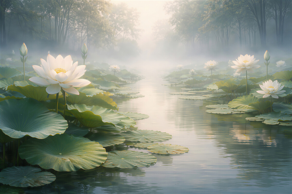 Fototapeten Lotusteich am Morgen