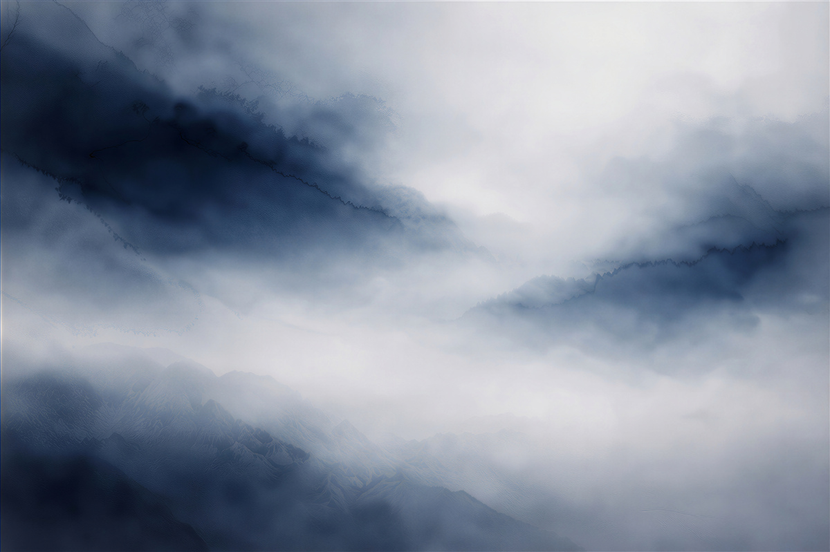 Fototapeten Nebelige Aquarell-Berglandschaft