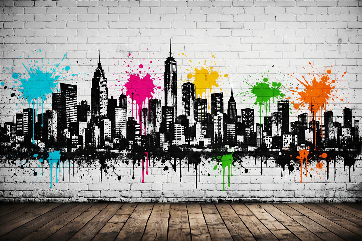 Fototapeten Buntes Graffiti einer städtischen Skyline
