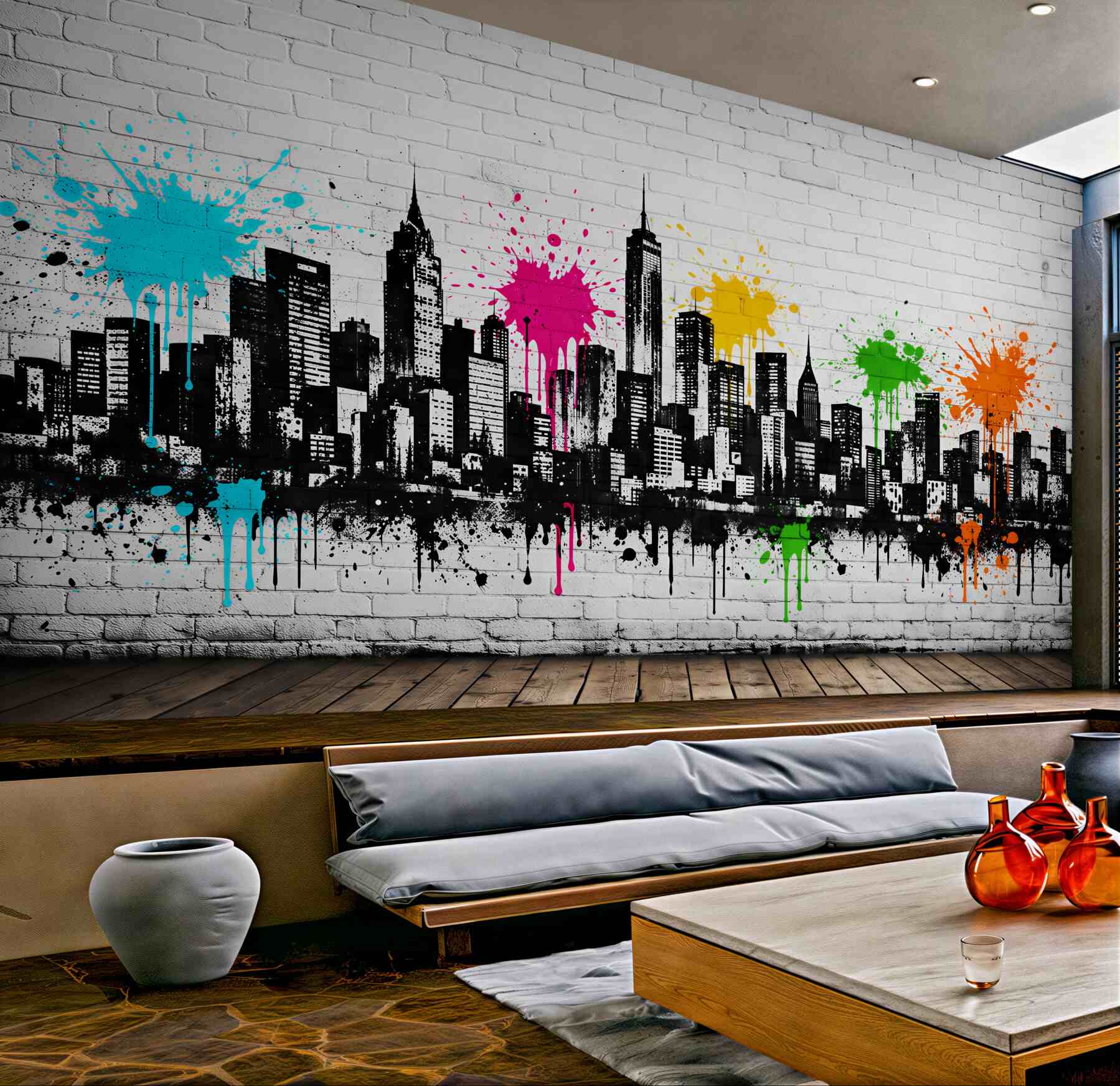 Fototapeten Buntes Graffiti einer städtischen Skyline