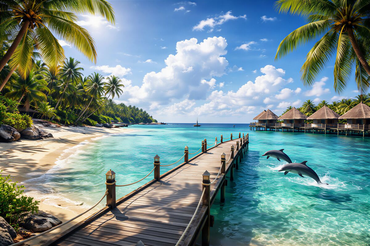 Fototapeten Paradiesischer Strand mit Delfinen