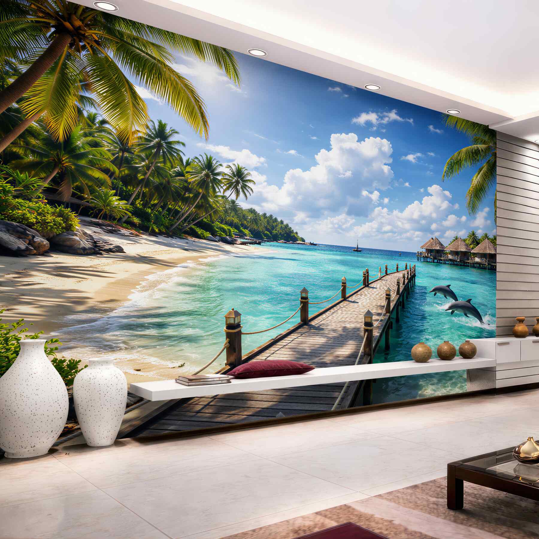 Fototapeten Paradiesischer Strand mit Delfinen