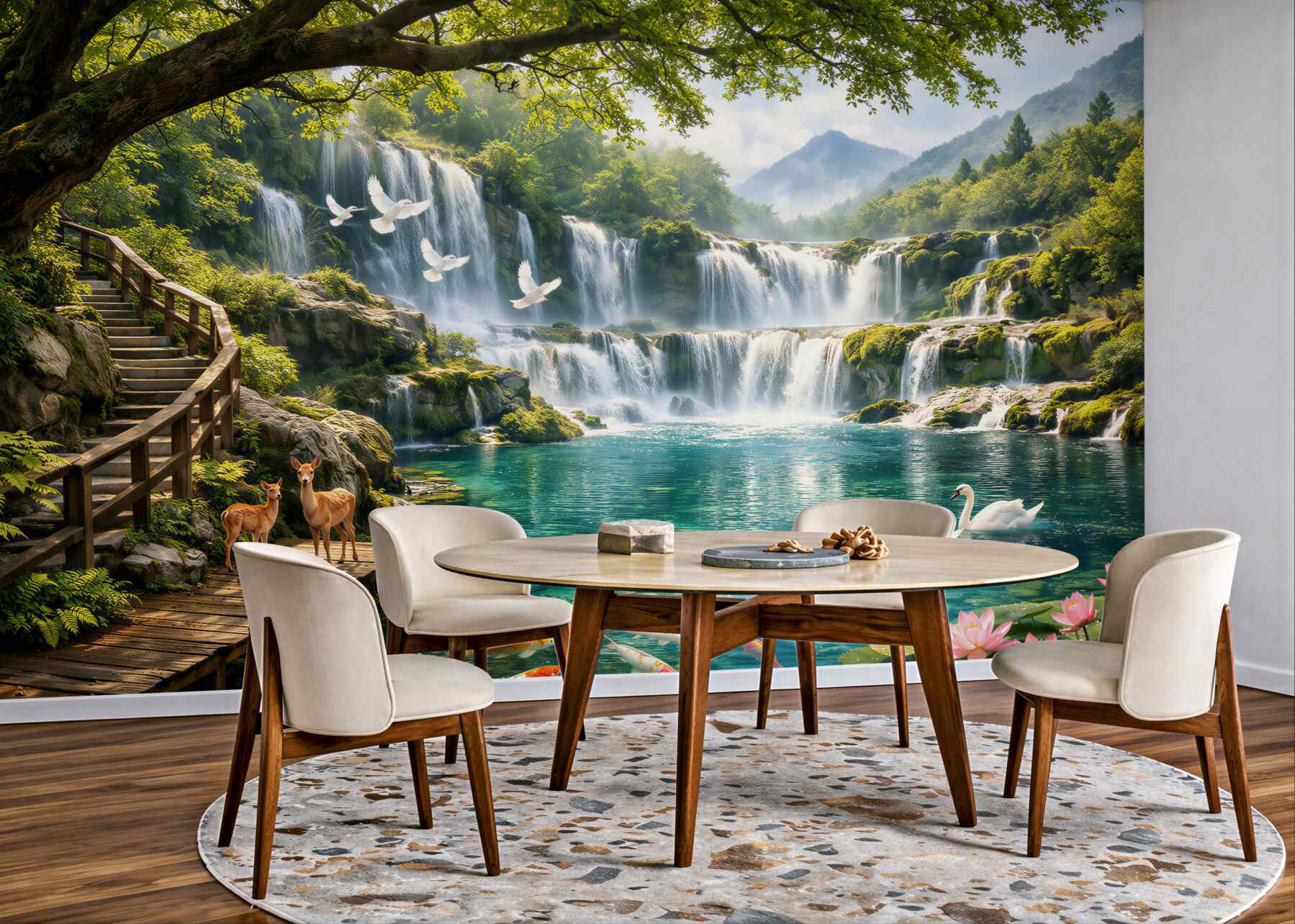 Fototapeten Paradiesischer Wasserfall mit Schwänen