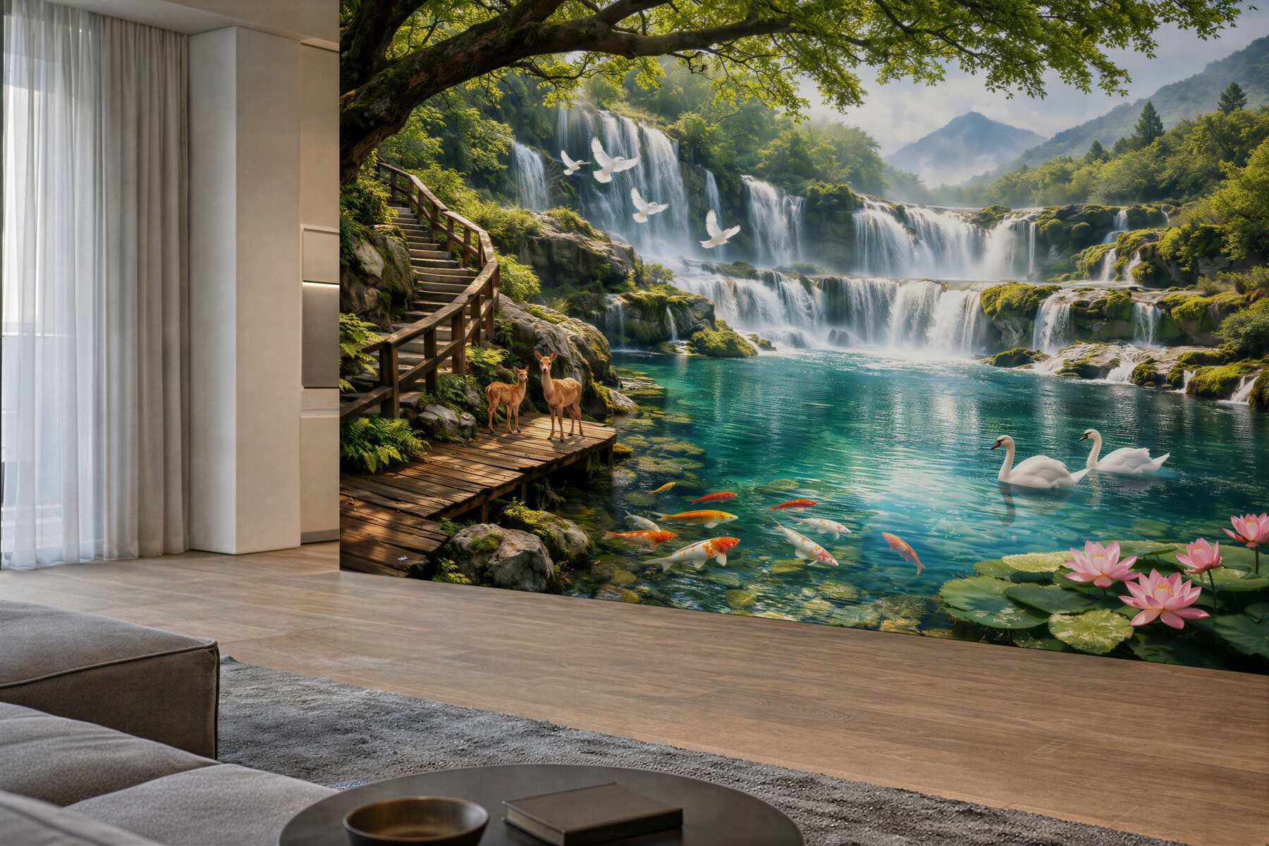 Fototapeten Paradiesischer Wasserfall mit Schwänen