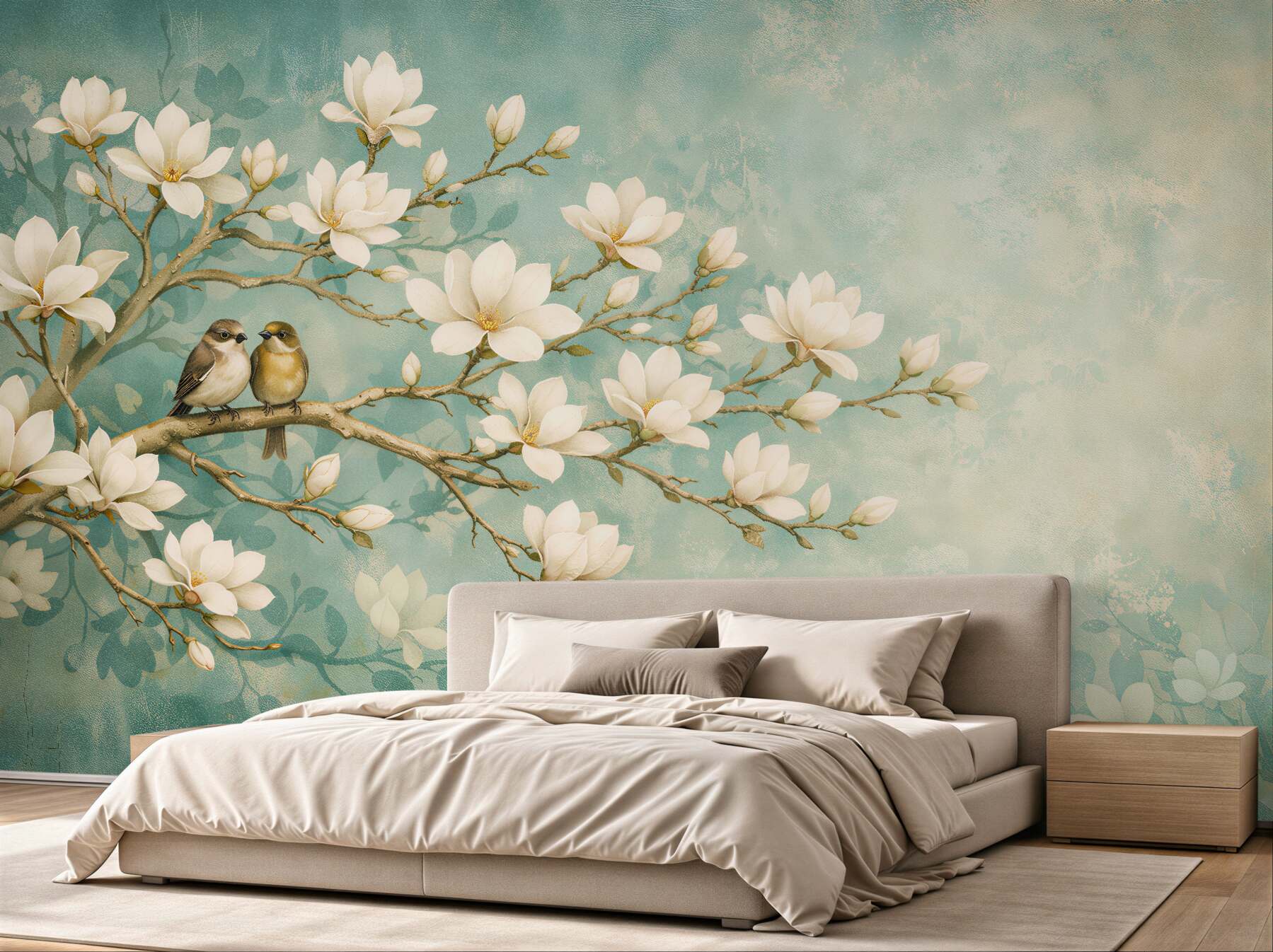 Fototapeten Magnolien mit Vögelchen auf einem Zweig