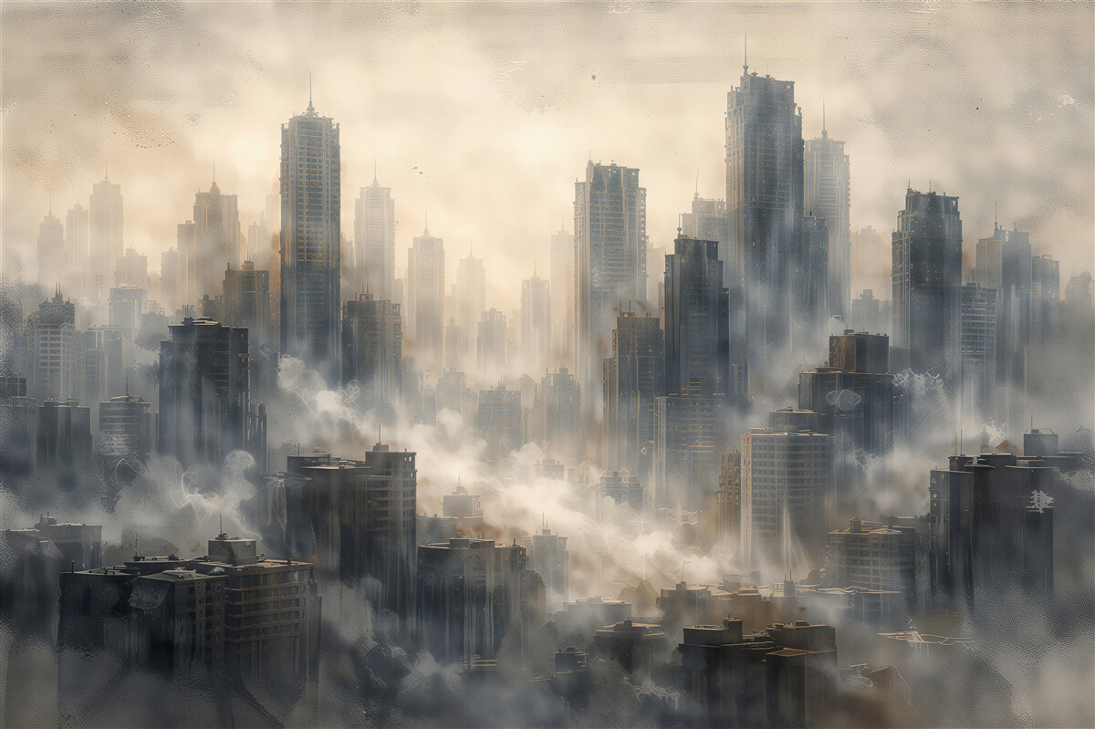 Fototapeten Vernebelte Panorama einer modernen Stadt