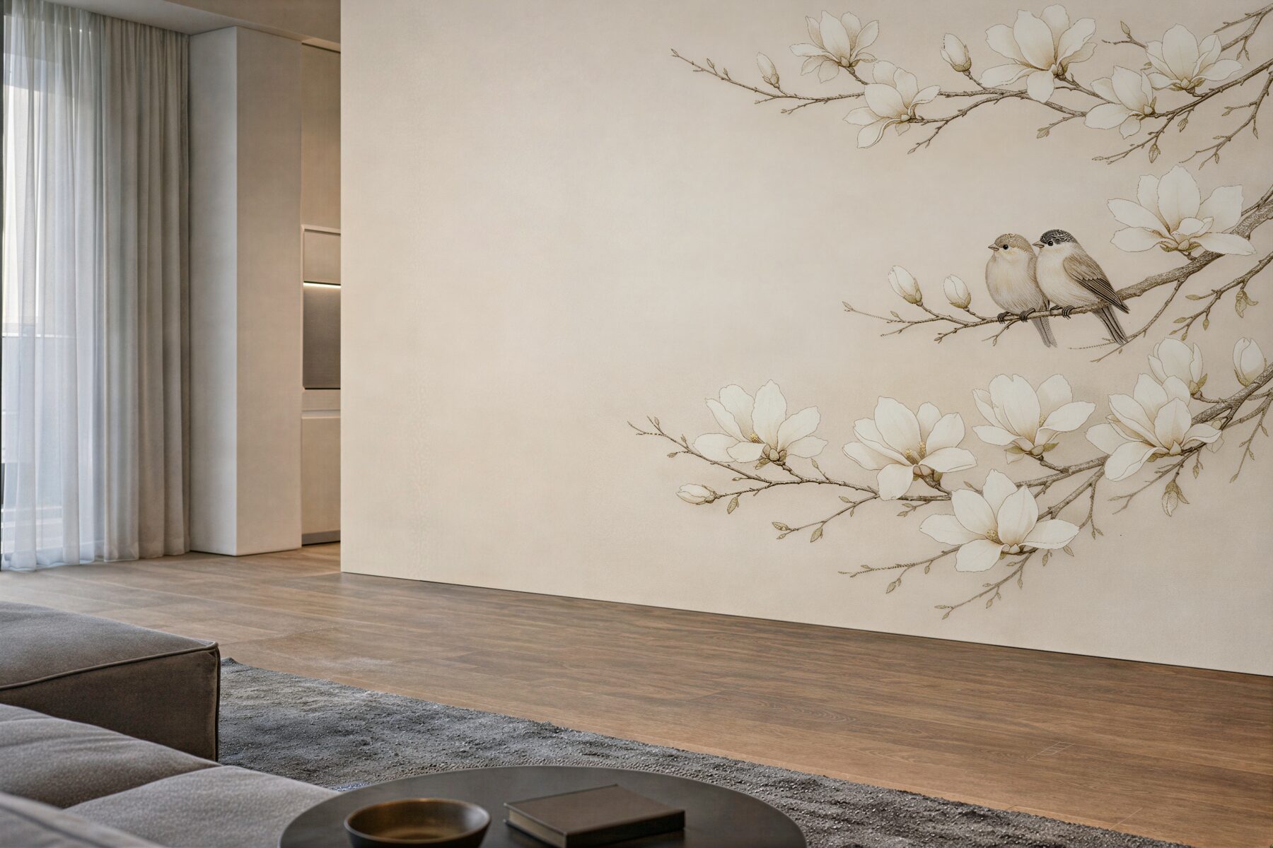 Fototapeten Magnolien mit Vögelchen in Beige