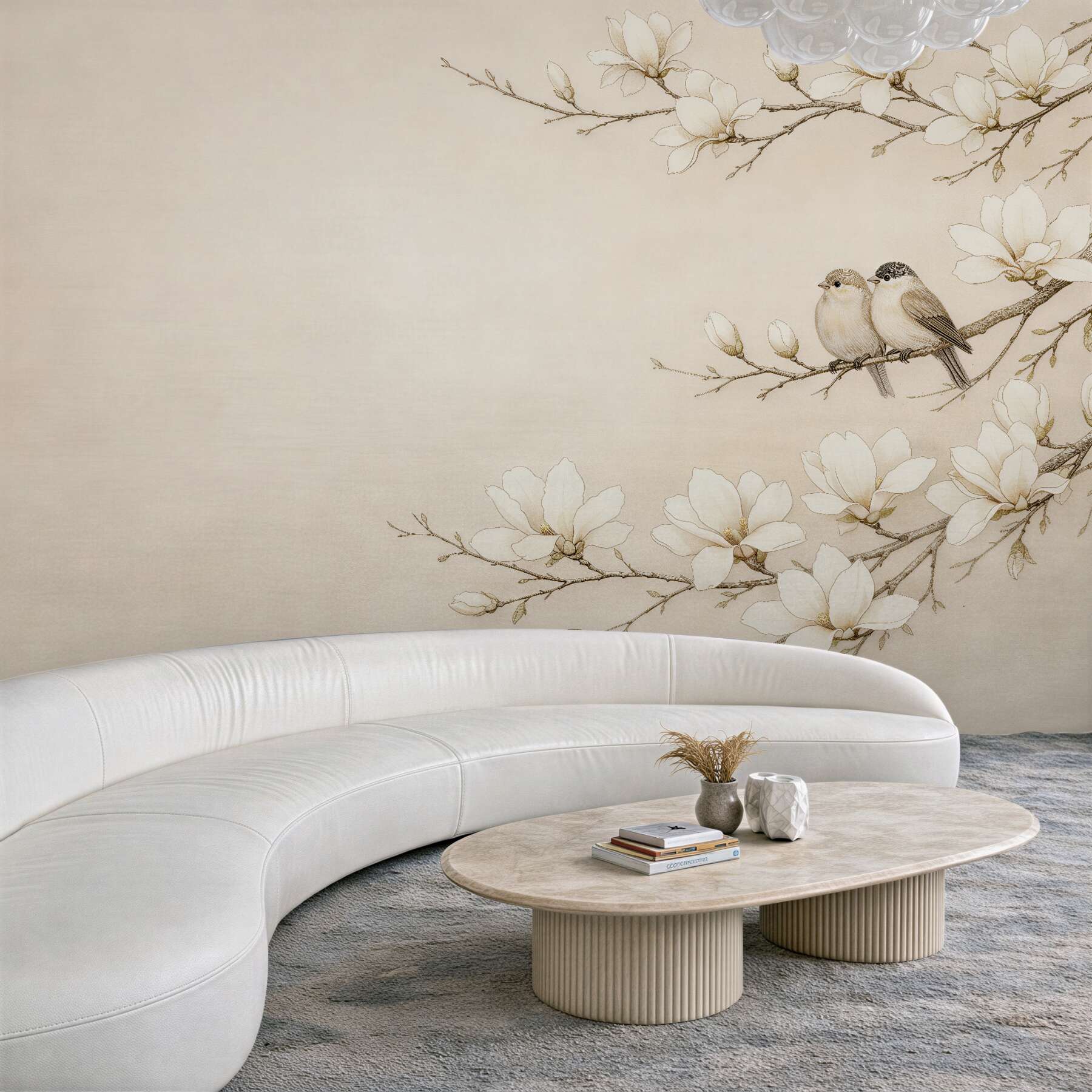 Fototapeten Magnolien mit Vögelchen in Beige