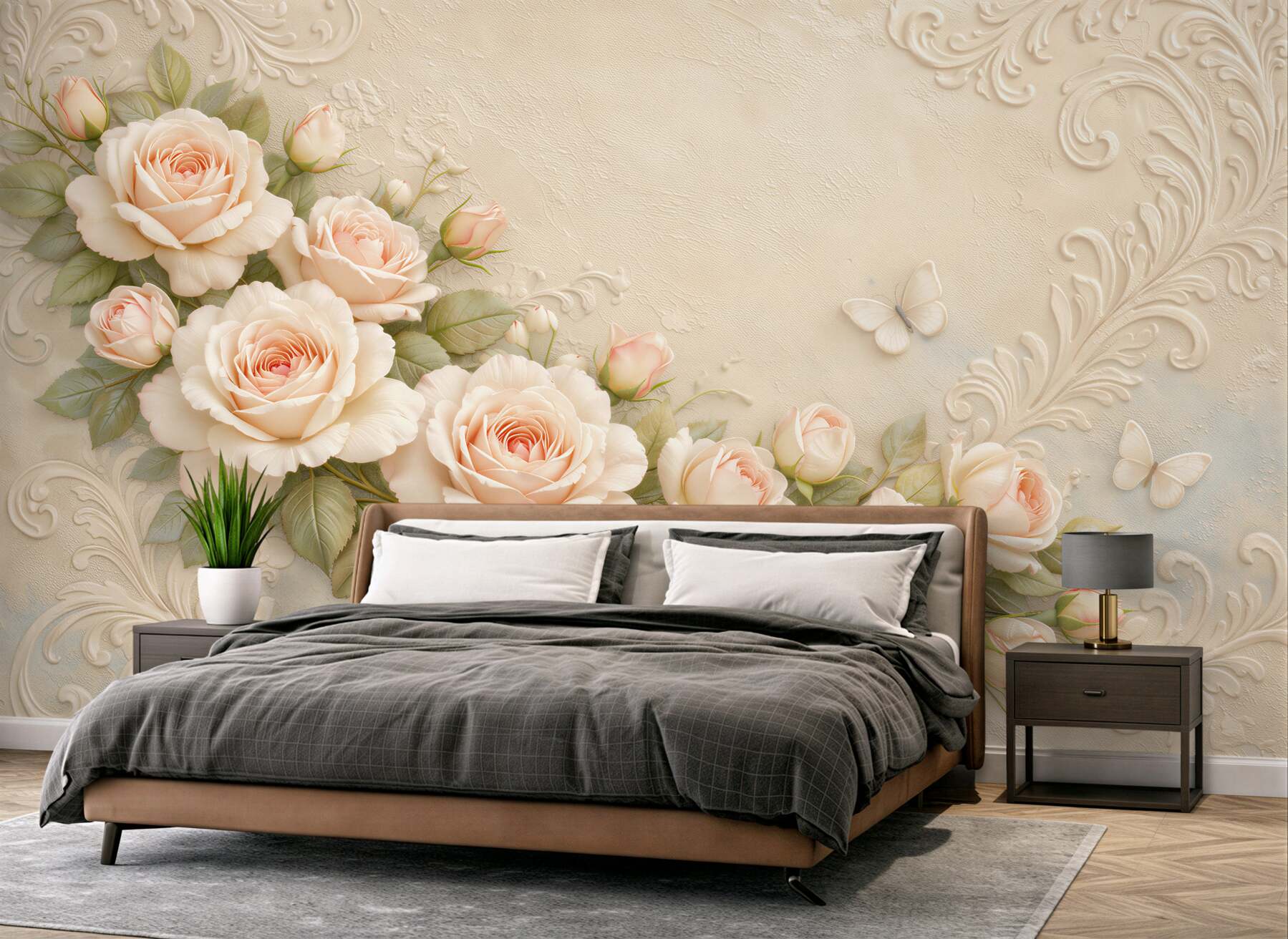 Fototapeten Cremefarbene Rosen im Glamour-Stil