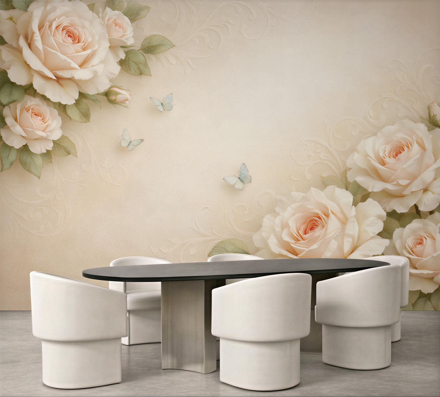 Fototapeten Cremefarbene Rosen mit Schmetterlingen
