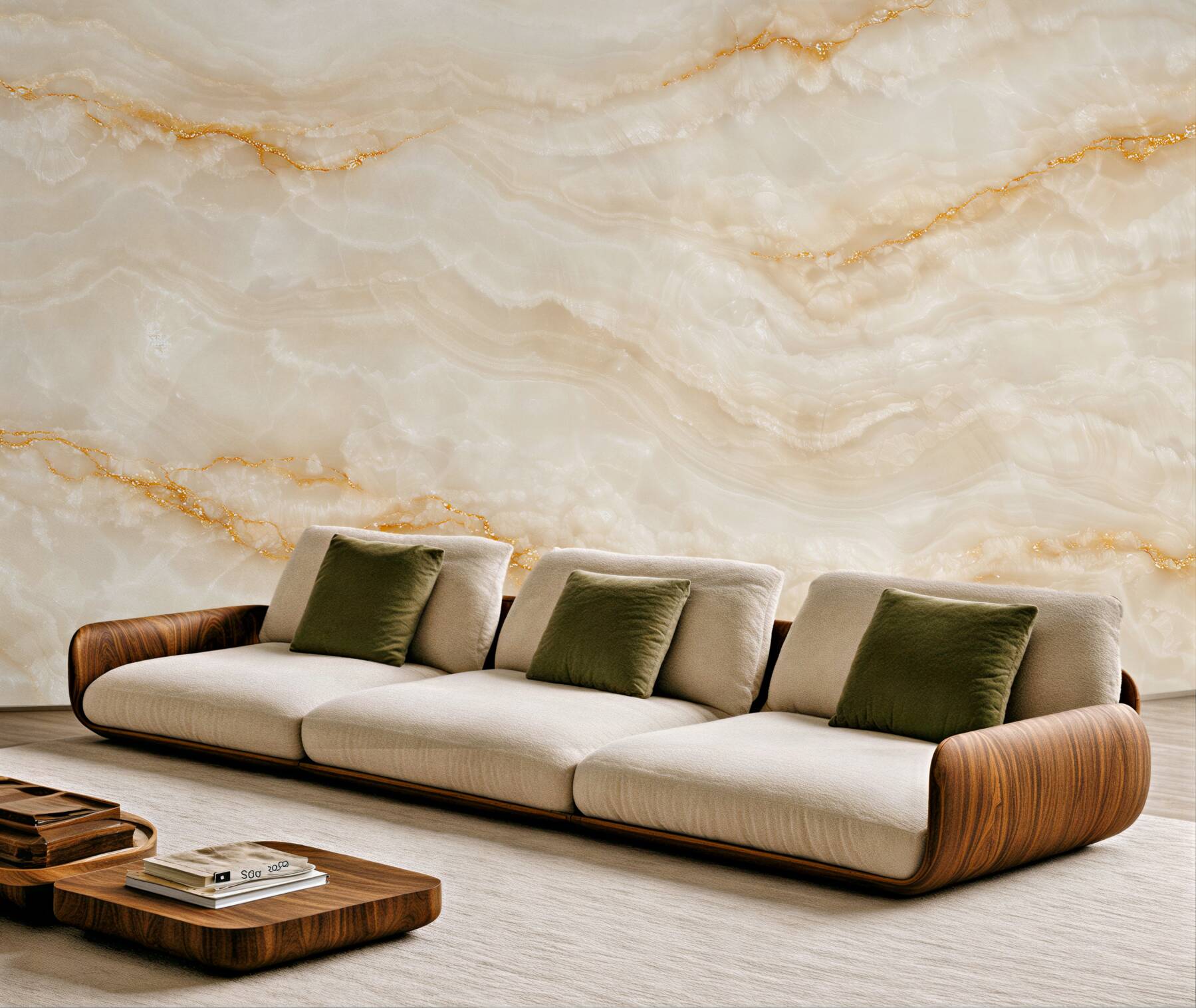 Fototapeten Goldener Onyx in cremefarbener Eleganz