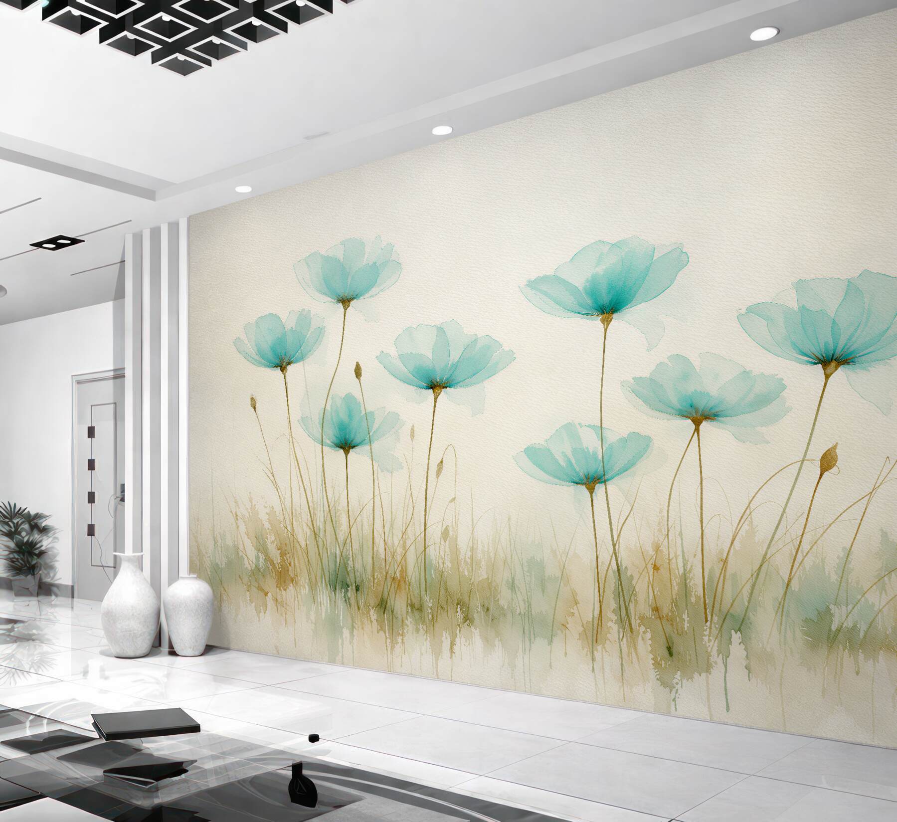 Fototapeten Türkise Blumen in zarter Aquarellmalerei