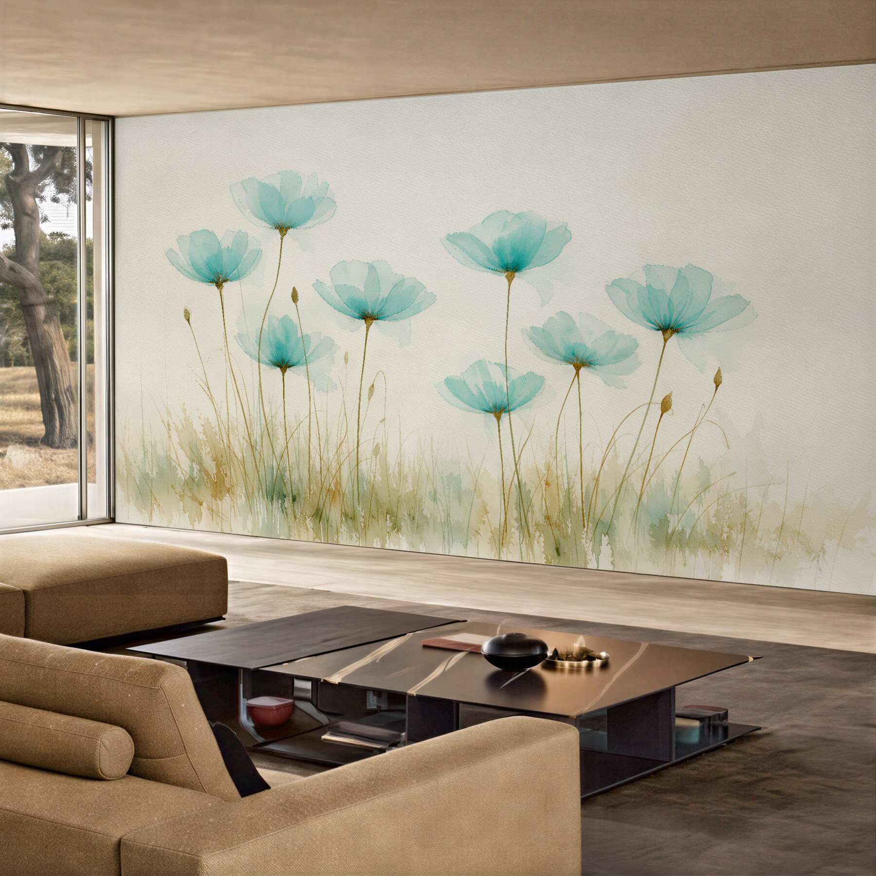 Fototapeten Türkise Blumen in zarter Aquarellmalerei
