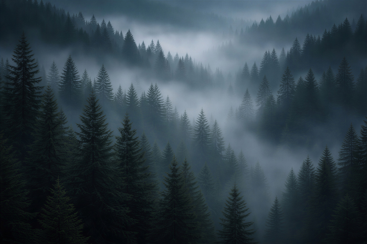 Fototapeten Düsterer Wald im Nebel