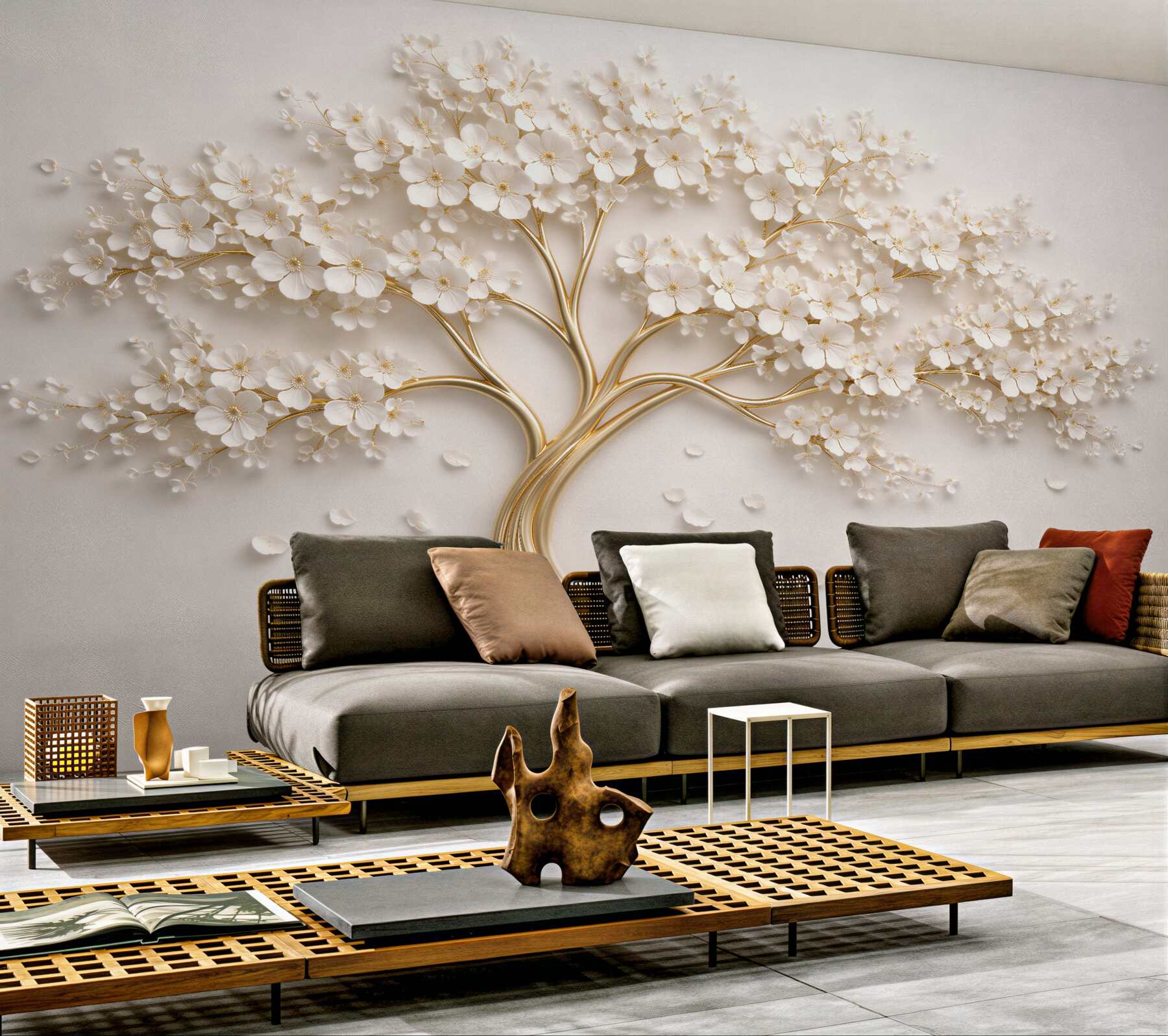 Fototapeten Goldener Baum mit weißen Blüten