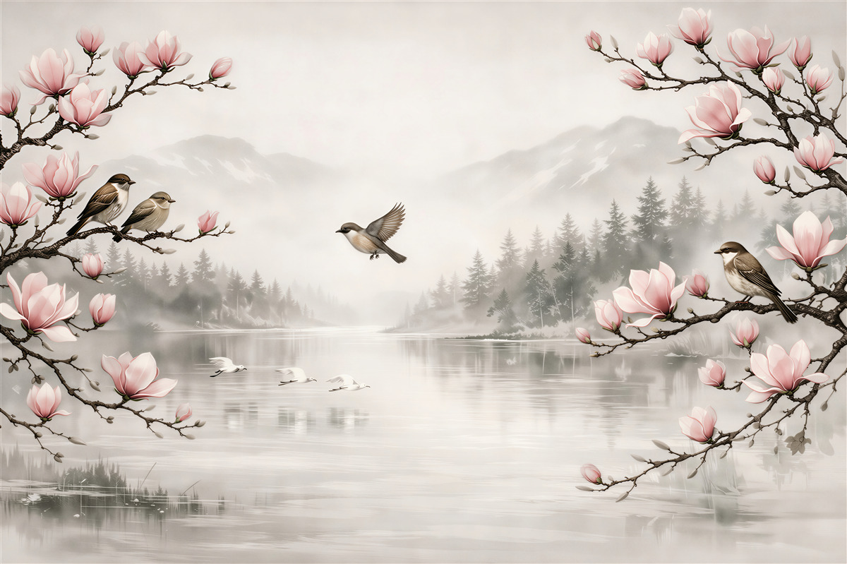 Fototapeten Magnolien über einem nebligen See
