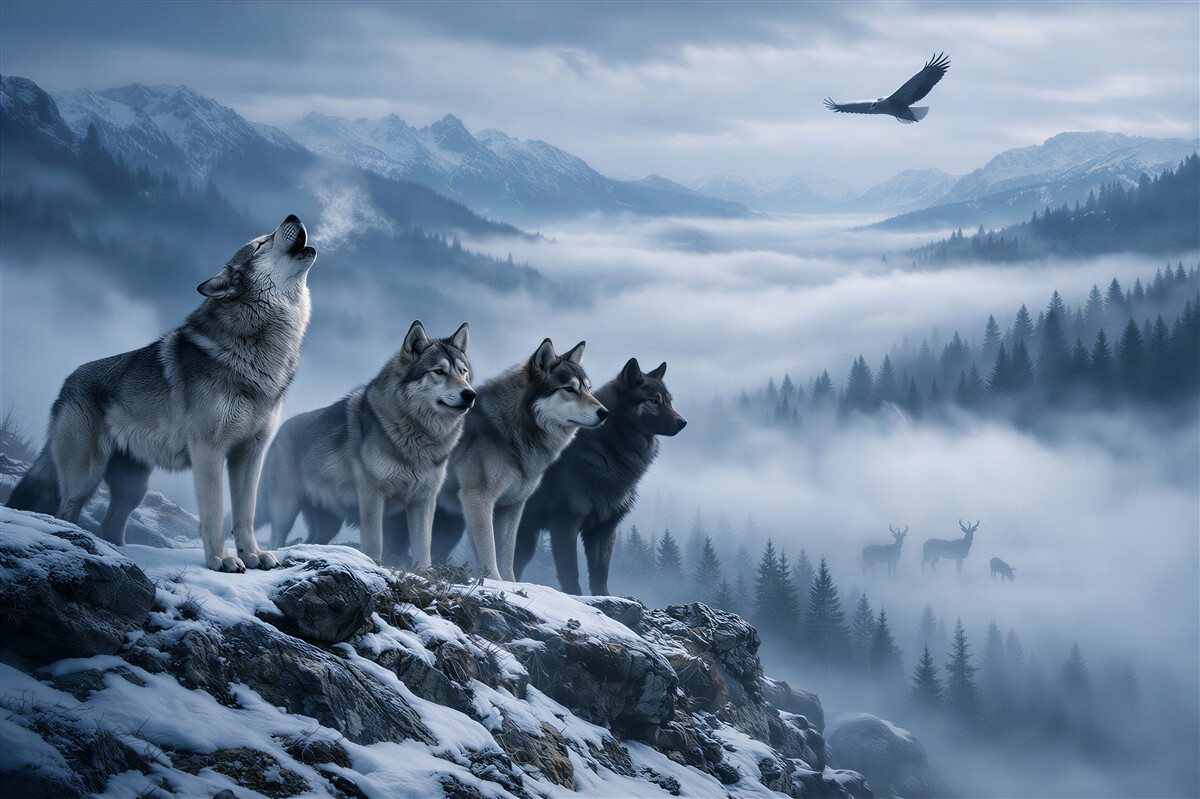 Fototapeten Wölfe im Bergnebel