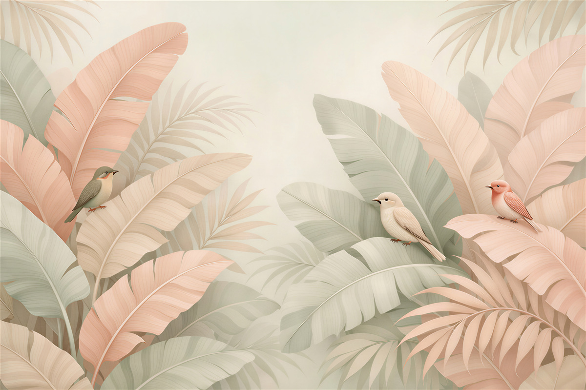 Fototapeten Pastellfarbene Vögel in exotischen Blättern