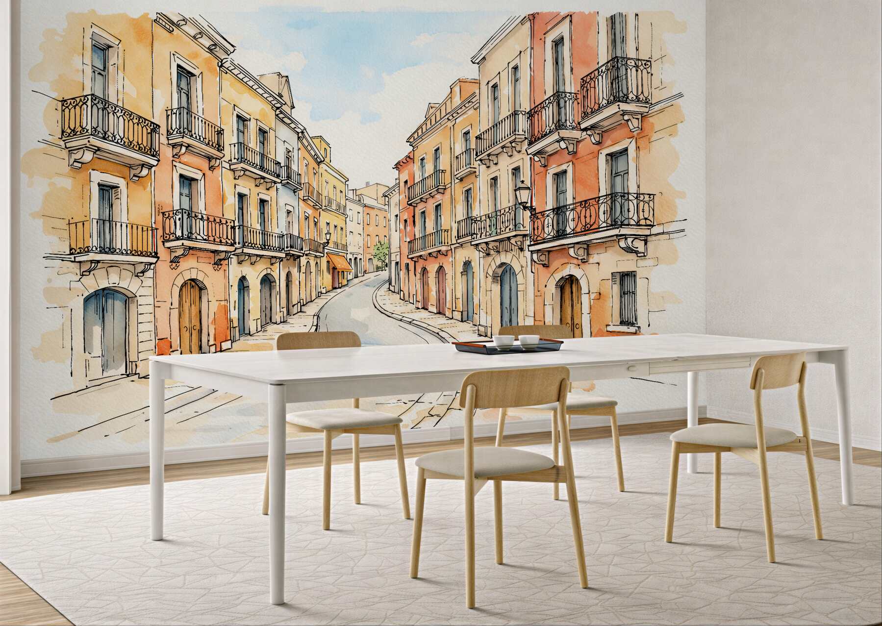 Fototapeten Aquarell-Sonnengasse mit Balkonen