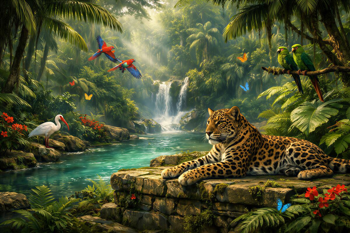 Fototapeten Dschungel mit Jaguar und Wasserfall