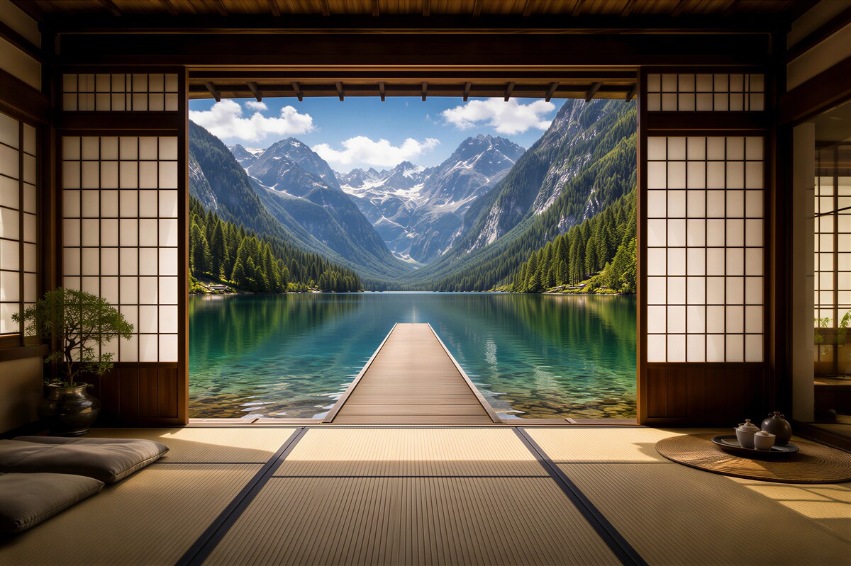 Fototapeten Bergsee hinter einem japanischen Fenster