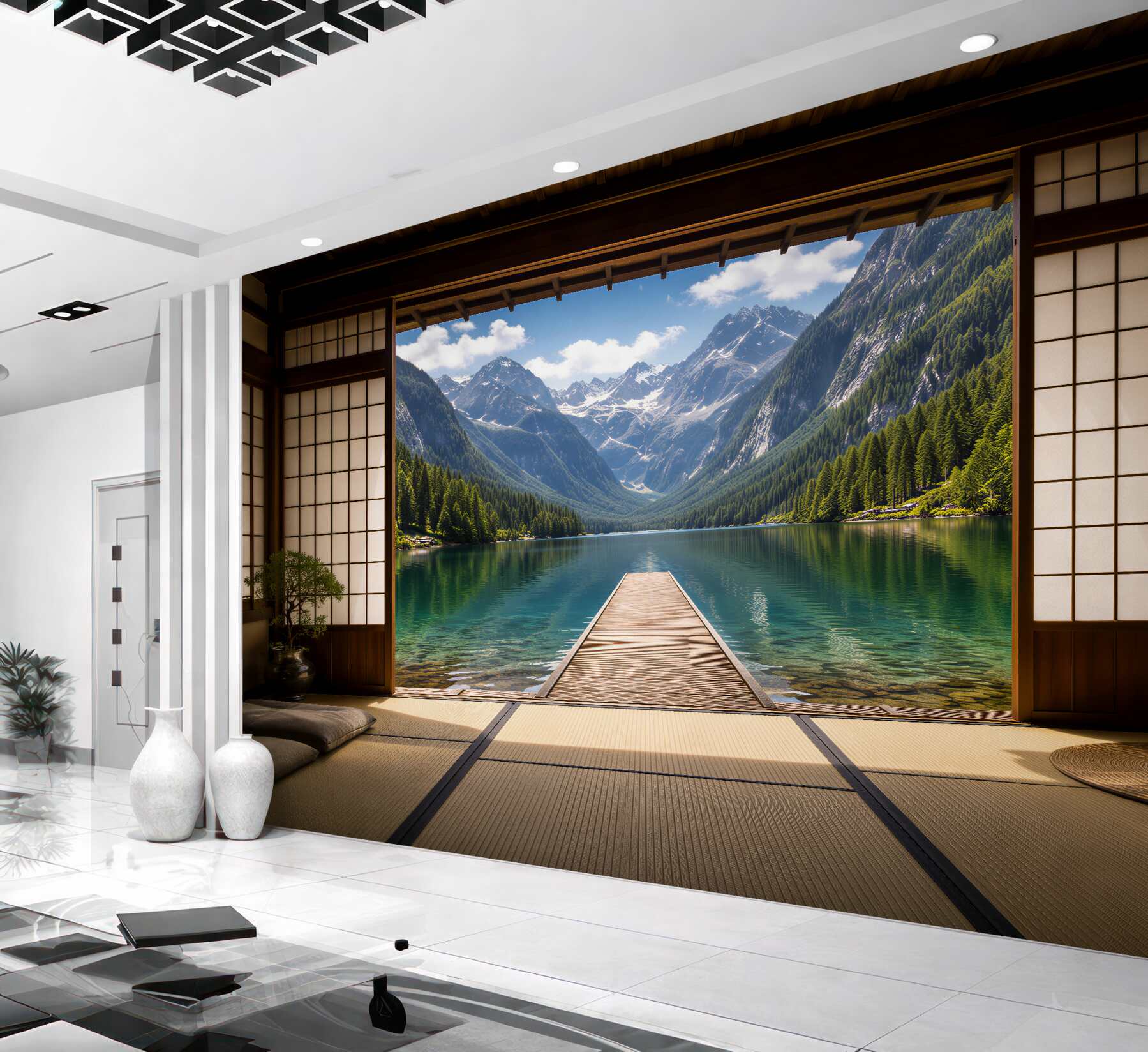 Fototapeten Bergsee hinter einem japanischen Fenster