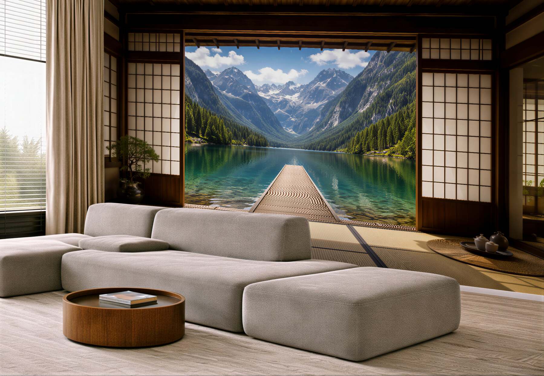 Fototapeten Bergsee hinter einem japanischen Fenster