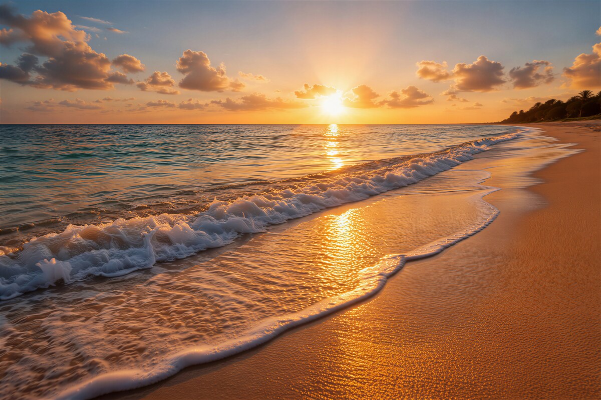 Fototapeten Goldener Sonnenuntergang am Strand