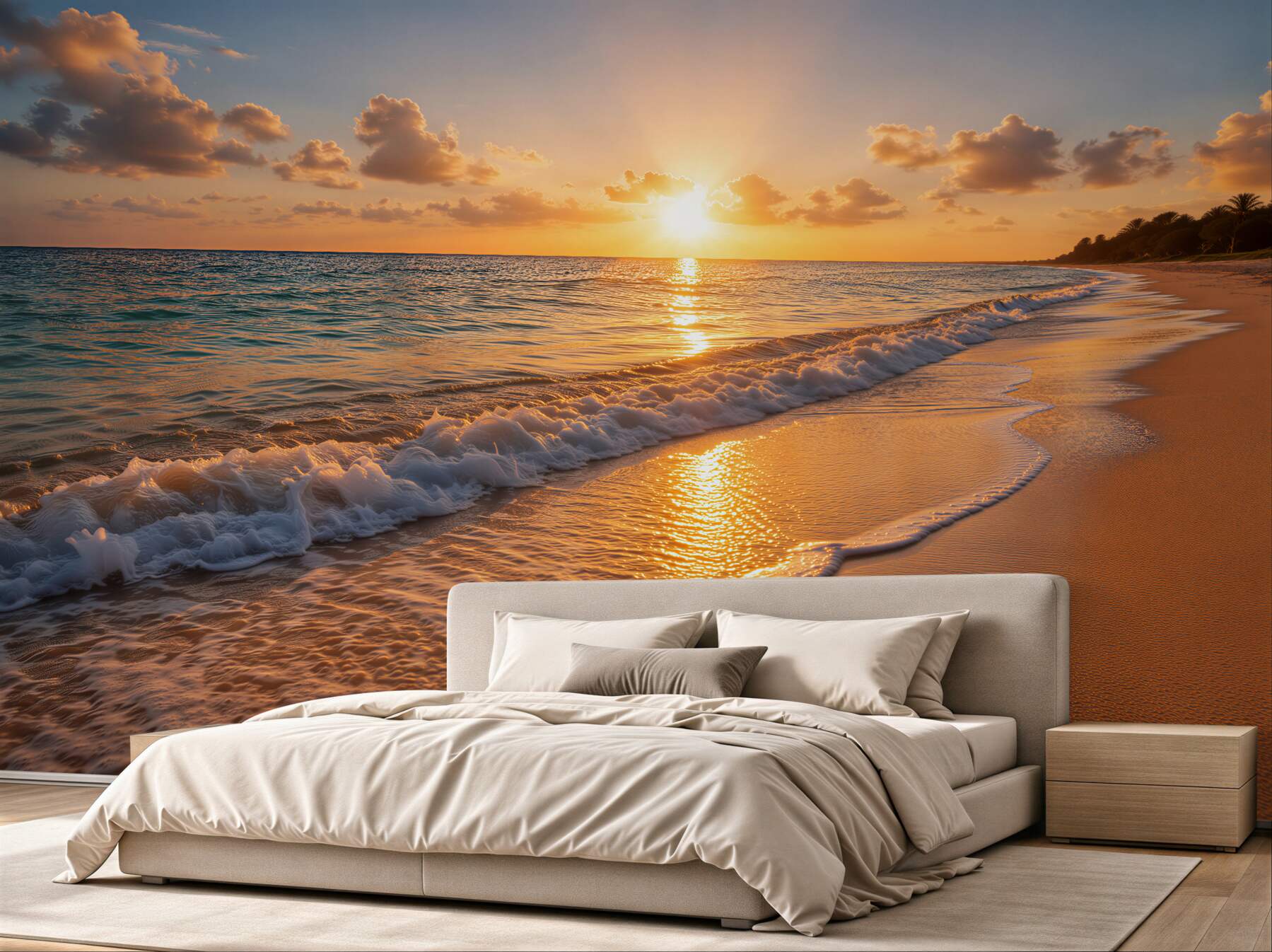Fototapeten Goldener Sonnenuntergang am Strand