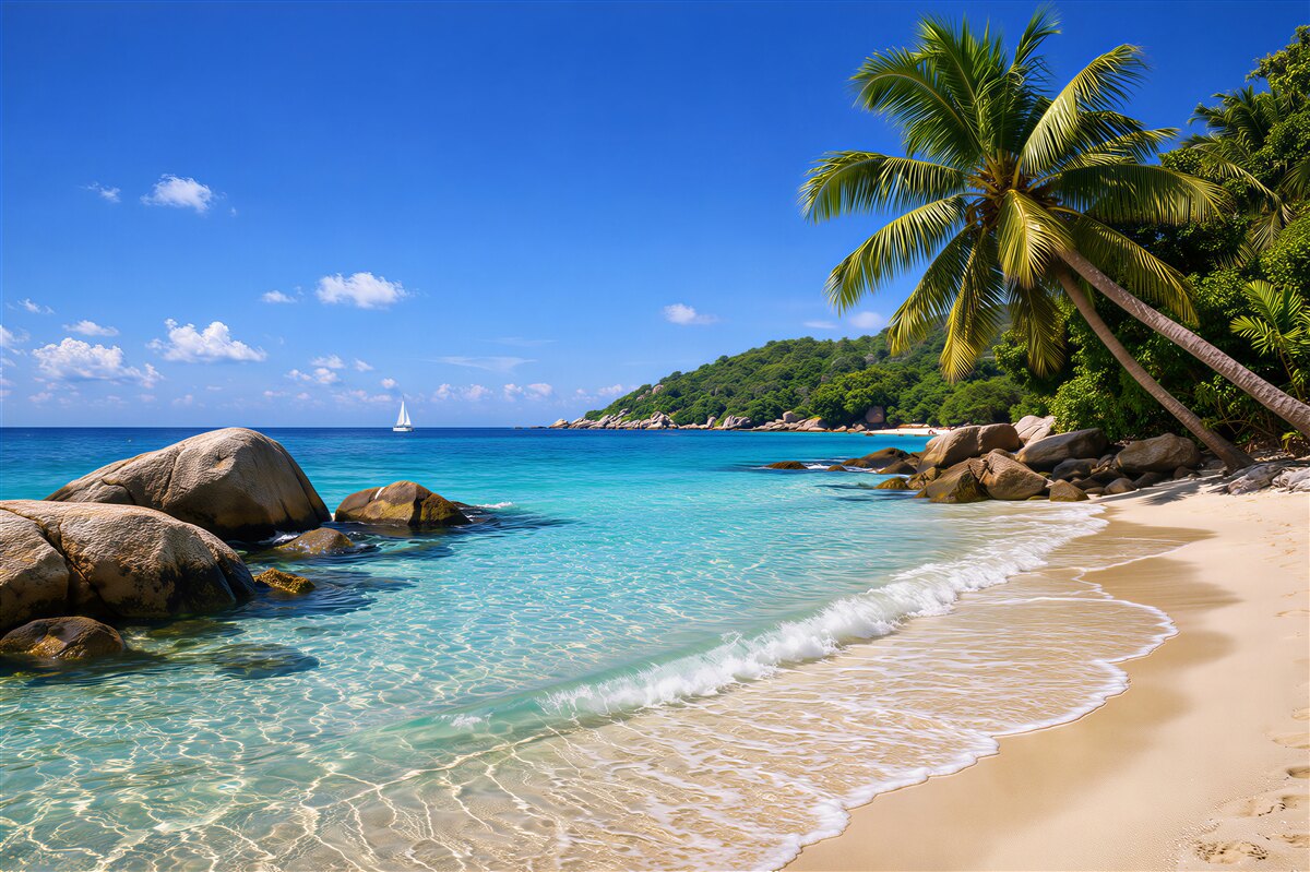 Fototapeten Tropischer Strand mit Palme