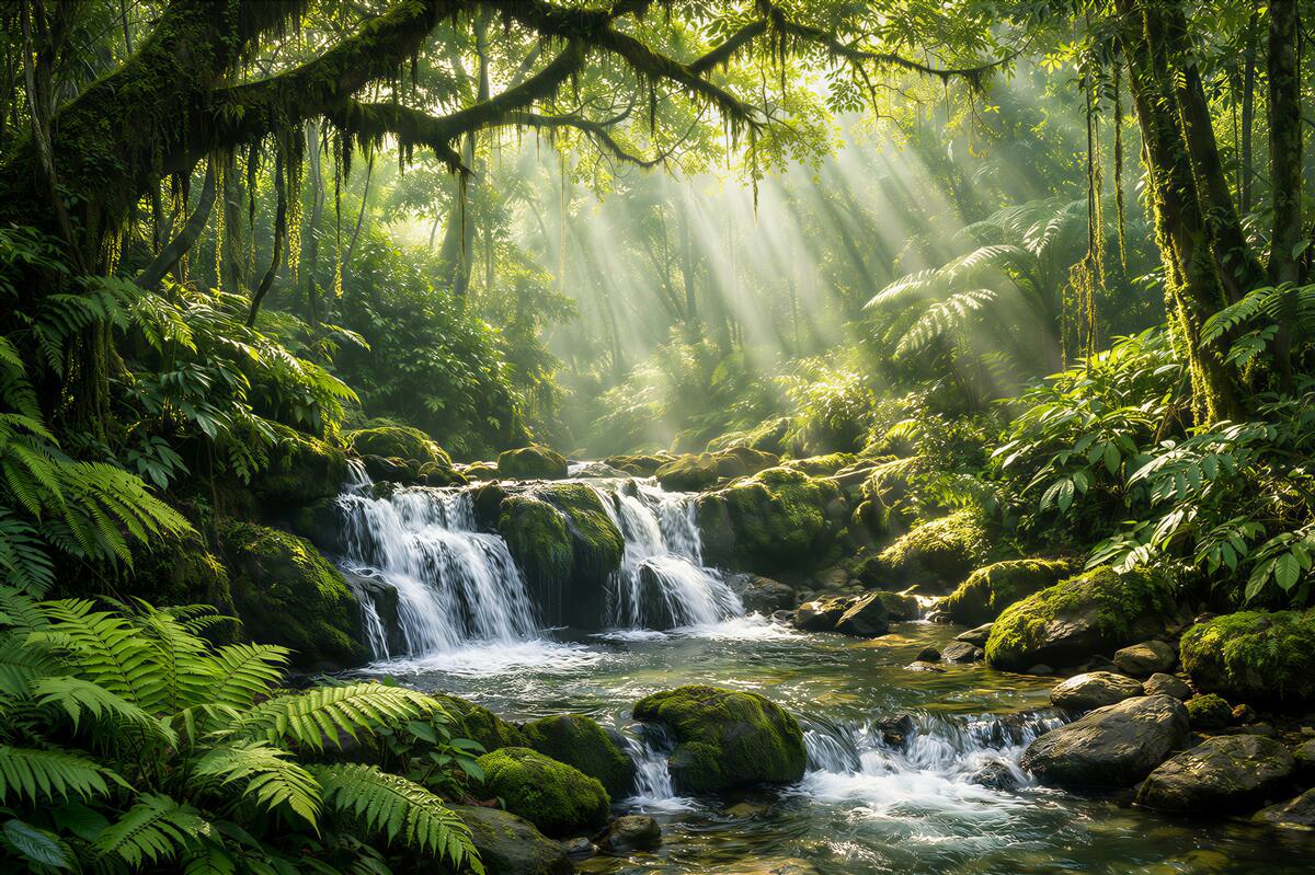 Fototapeten Waldkaskade in Sonnenstrahlen