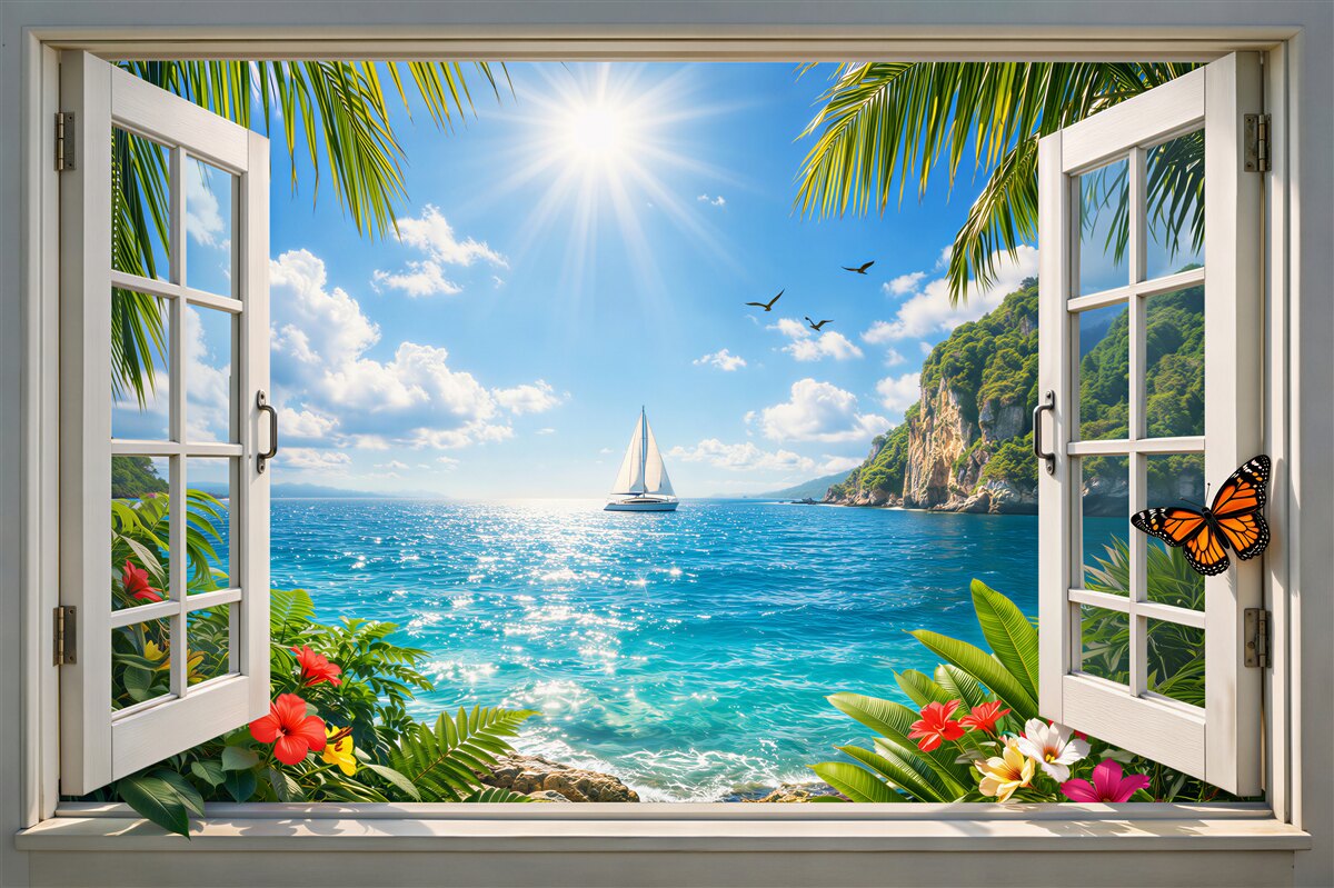 Fototapeten Sonniger Meerblick aus dem Fenster