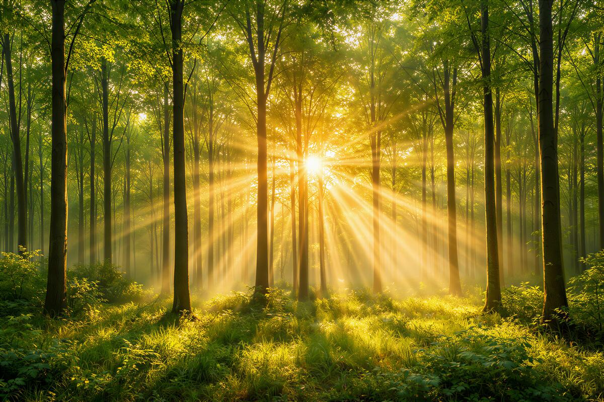 Fototapeten Sonnenstrahlen im grünen Wald