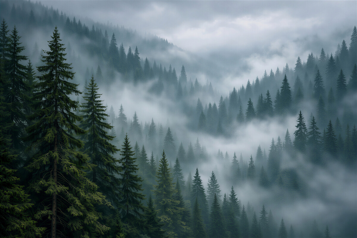 Fototapeten Nebeliger Bergfichtenwald