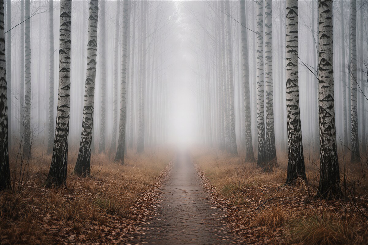 Fototapeten Birkenallee im Nebel